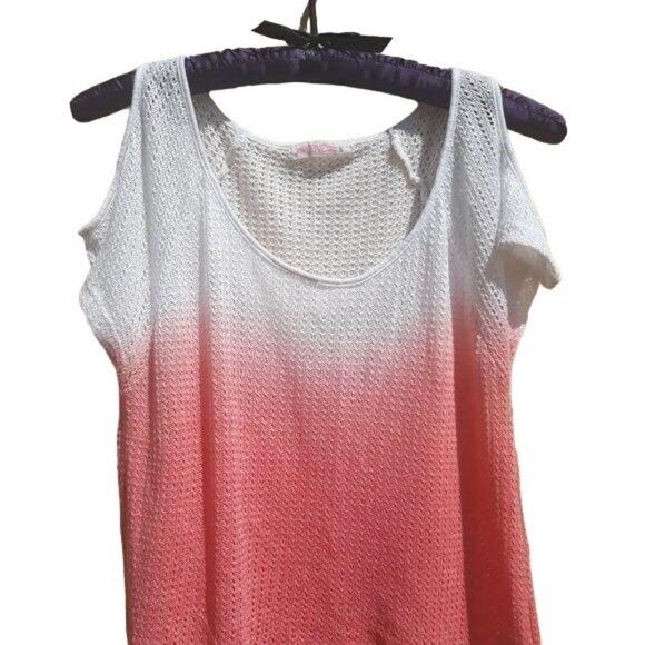 Vintage 90's Top Cold Shoulder Lightweight Knit Dip Dyed Ombre White Coral S - Picture 3 of 7